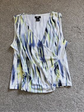 DKNY Sleeveless Faux-Wrap Cami in White, Blue & Yellow